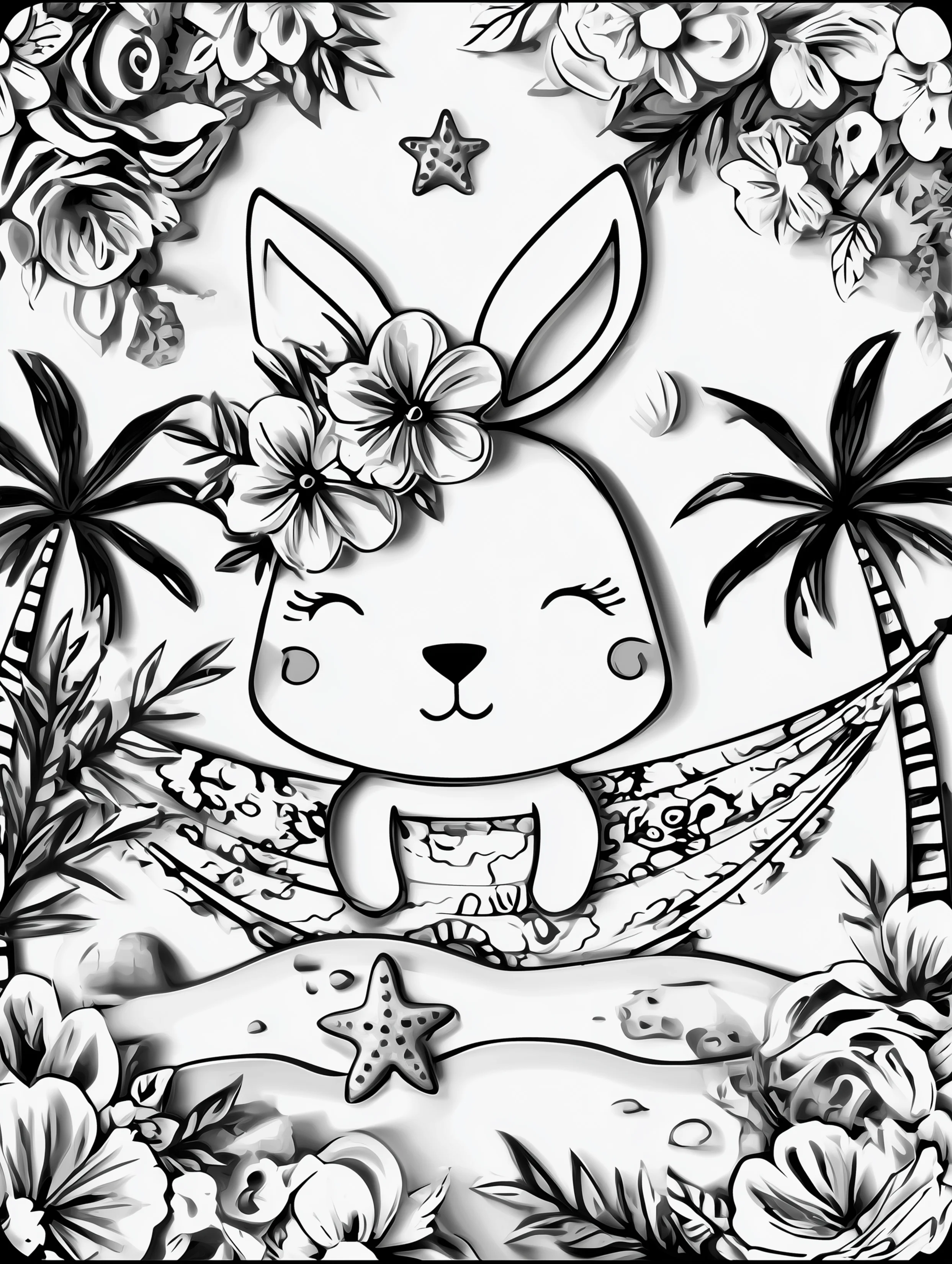 Free printable summer coloring page for adults featuring a bunny resting in a hammock